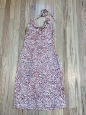 Vintage BCBG Dresses Halter Midi Dress Small Red Beige Abstract Print Made USA